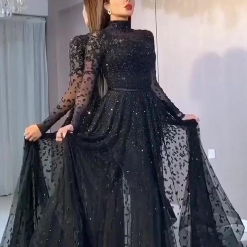 Black Lace Turtle Neck Long Sleeve Prom Dress
