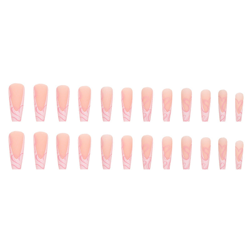 Handmade Long Pink Frosted Heart Press On Nails