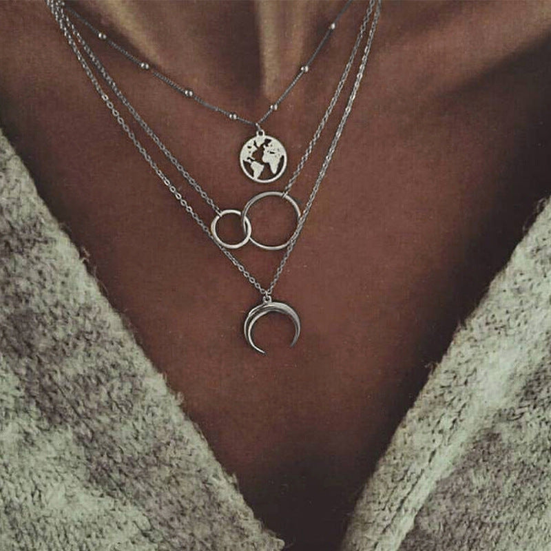 Boho Multi-layer Moon and Map Necklace